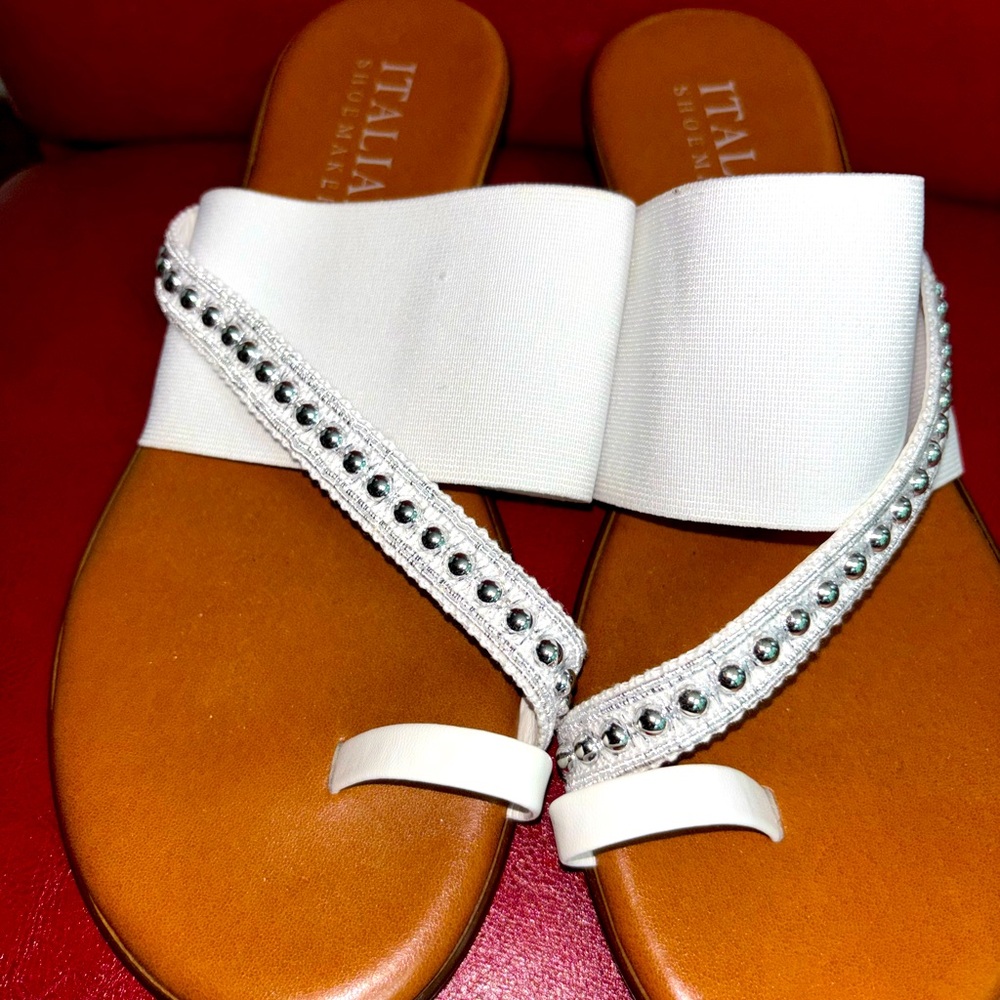Italian Shoemakers White and Brown Sandals with Rhinestone Embellishments